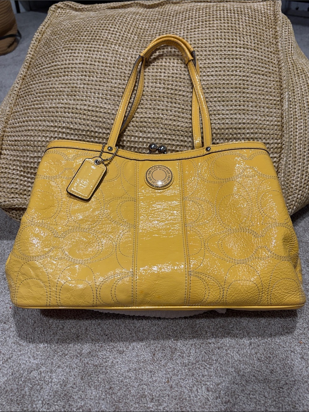 Coach Yellow Stitched Patent Leather Kisslock Framed Carryall Tote F19215